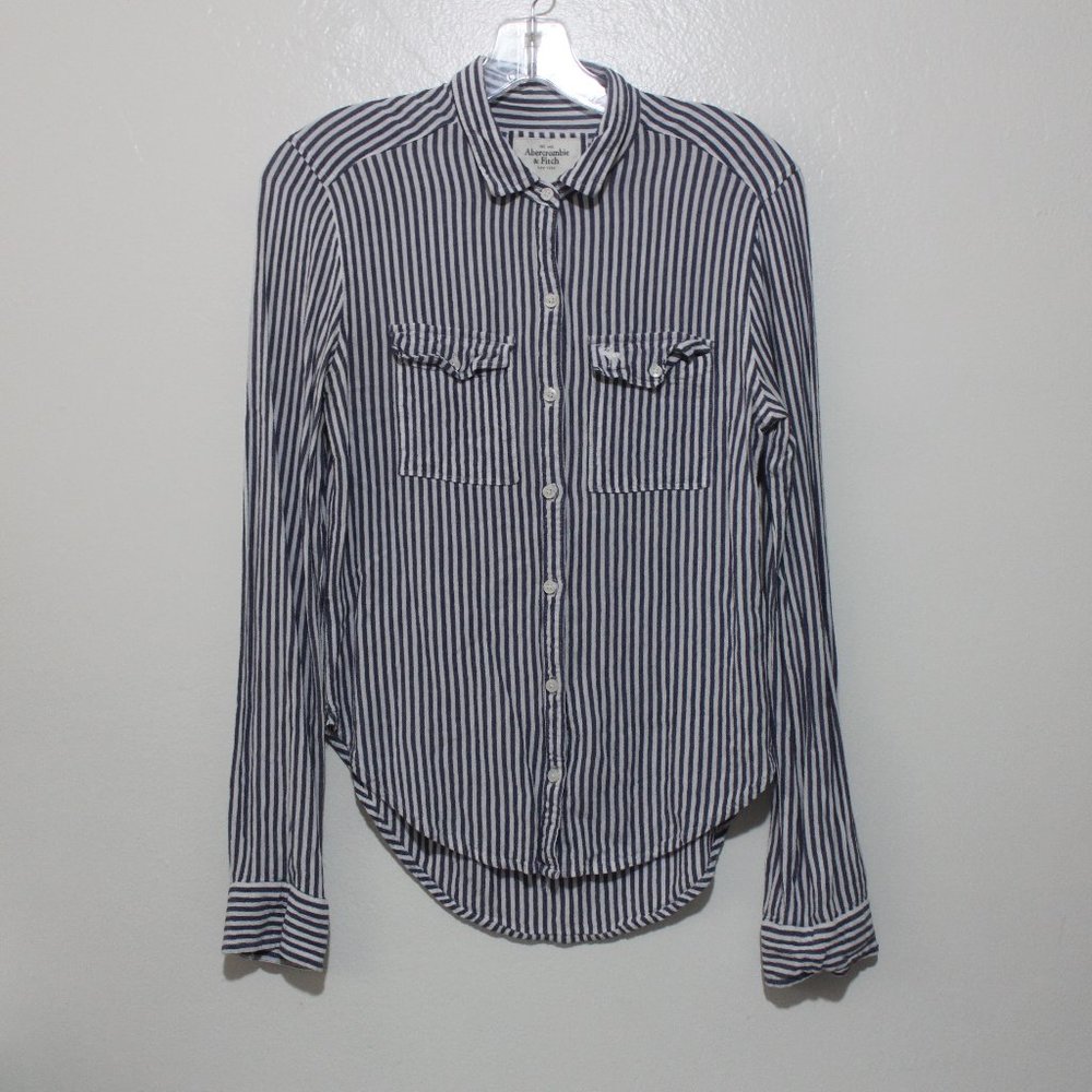 Abercrombie & Fitch XS Long Sleeve Viscose Blue White Vertical Striped Shirt